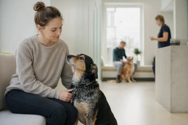 Ein Golden Retriever sitzt ruhig neben seinem Besitzer im hellen Wartezimmer einer modernen Tierarztpraxis.